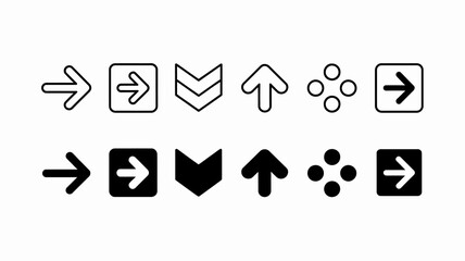 A collection of black icons depicts various directional arrows boxes and dotted patterns arranged in two horizontal rows high quality professional detailed modern elegant stylish clean