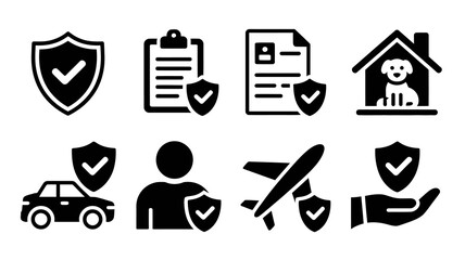 A collection of black glyph icons depicting home security insurance and protection services in a minimalist style high quality professional detailed modern elegant stylish clean crisp