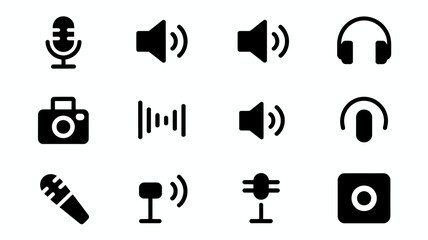 A collection of black vector icons depicts various audio and video recording and playback devices including microphones speakers and headphones high quality professional detailed modern elegant