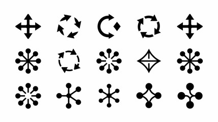 A collection of various black circular arrow symbols and radial designs are displayed against a plain white background conveying movement high quality professional detailed modern elegant