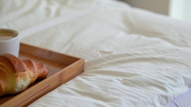 A fresh, golden croissant and a hot cup of coffee rest on a wooden breakfast tray placed on a rumpled white bed, symbolizing comfort and a relaxing morning.