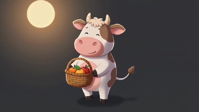 Cartoon cow holds a basket of fruit under a bright light, on a gradient dark gray backdrop