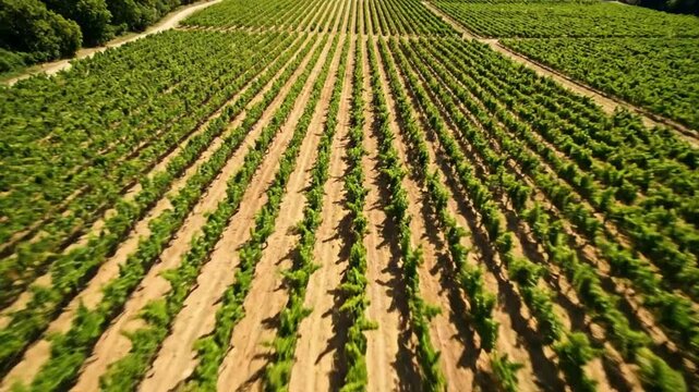 Drone perspective through a forest then zooming over a bright green vineyard farm on a sunny day