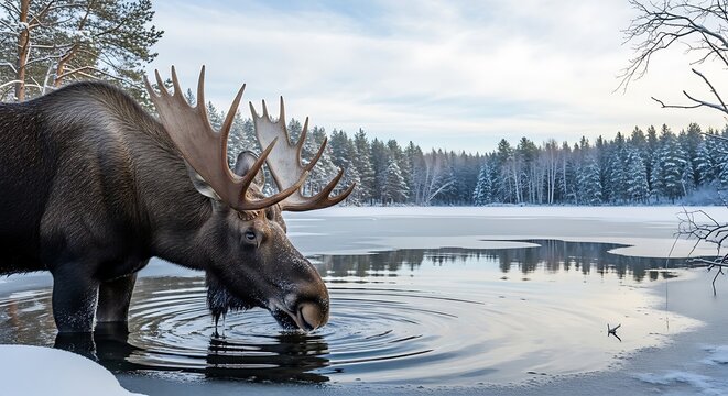 Majestic bull moose with large antlers drinking from a serene winter lake.