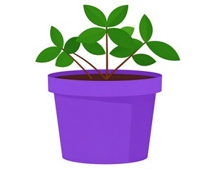 A vibrant purple pot holds a stylized plant with green leaves and reddish-brown stems, set against a stark white backdrop