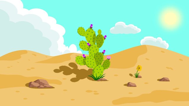 Cartoon desert landscape with a green cactus under bright sun, sandy dunes, rocks and soft clouds. Cute illustration.