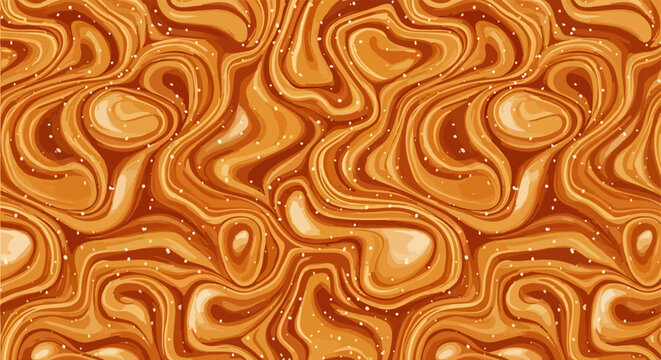 Padr&atilde;o abstrato de redemoinhos fluidos em tons de caramelo e marrom alaranjado, com textura marmorizada e gotas brancas, ideal para fundos decorativos e embalagens.