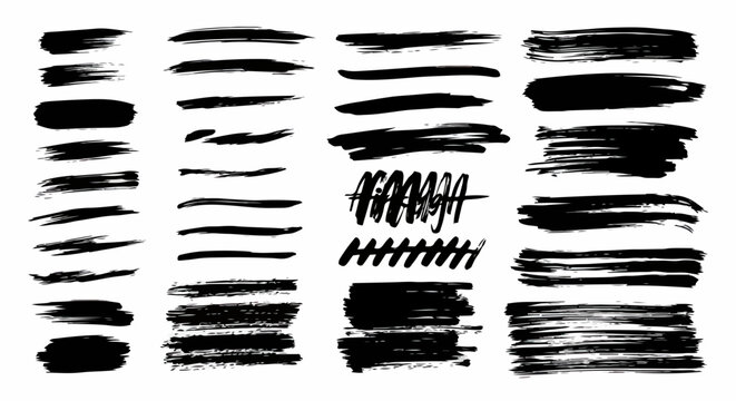 Uma cole&ccedil;&atilde;o vers&aacute;til de tra&ccedil;os de pincel pretos e texturas de tinta, ideais para design gr&aacute;fico, arte digital e elementos de grunge.