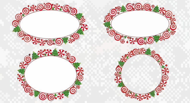 Conjunto de quatro molduras festivas de Natal com doces de menta, pirulitos e &aacute;rvores verdes, perfeitas para designs de f&eacute;rias e sauda&ccedil;&otilde;es.