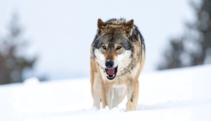 Naklejka premium A wild canine stares intensely forward, mouth open, as it strides through a snowy landscape. The animal displays fur colors of tan, gray, and black