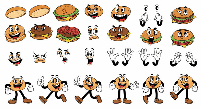 Cole&ccedil;&atilde;o divertida de personagens de p&atilde;o de hamb&uacute;rguer e hamb&uacute;rgueres em estilo retr&ocirc;, com diversas express&otilde;es e poses animadas.