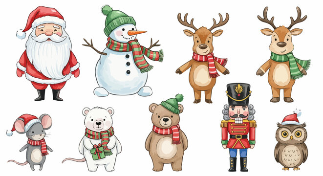 Ilustra&ccedil;&otilde;es encantadoras de personagens natalinos: Papai Noel, boneco de neve, renas, ursos, rato, quebra-nozes e coruja, celebrando a magia do Natal.