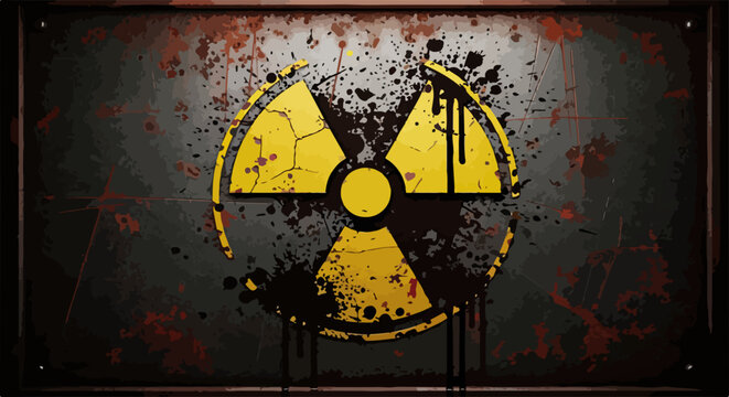 S&iacute;mbolo radioativo amarelo rachado com respingos de tinta em um fundo de metal enferrujado e texturizado, evocando perigo e desola&ccedil;&atilde;o.