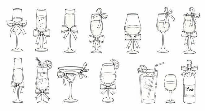 Conjunto de &iacute;cones de ta&ccedil;as de bebidas e coquet&eacute;is decoradas com la&ccedil;os de fita em estilo de desenho de linha para celebra&ccedil;&otilde;es e eventos.