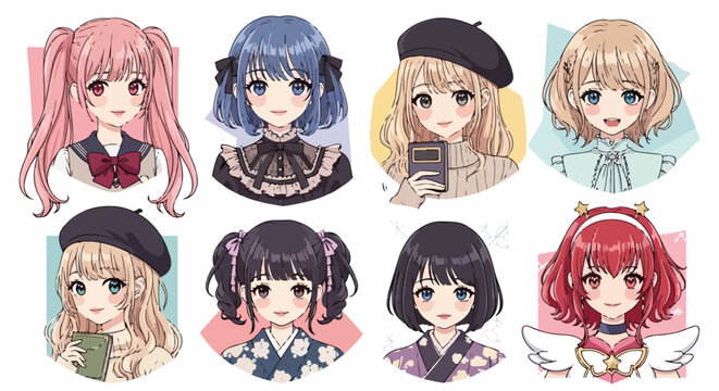Cole&ccedil;&atilde;o de oito retratos de personagens femininas em estilo anime e mang&aacute;, com diversos penteados, cores de cabelo e acess&oacute;rios, ideal para design gr&aacute;fico.
