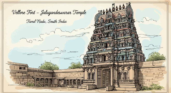 Ilustra&ccedil;&atilde;o detalhada do Templo Jalagandeeswarar dentro do Forte de Vellore, Tamil Nadu, &Iacute;ndia do Sul, exibindo sua rica arquitetura hindu e import&acirc;ncia hist&oacute;rica.