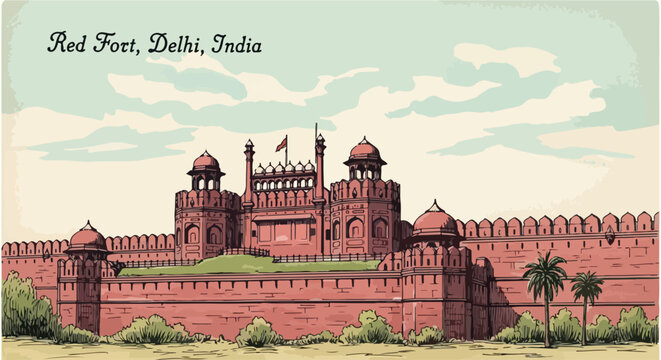 Ilustra&ccedil;&atilde;o vetorial vintage do Forte Vermelho, um ic&ocirc;nico monumento hist&oacute;rico e arquitet&ocirc;nico em Delhi, &Iacute;ndia.