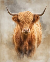 Artistic scottish cattle portrait with dramatic curved horns and layered painterly brush strokes
