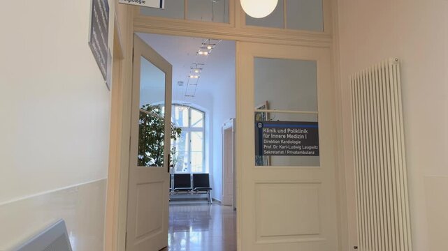 Interior view of Klinikum rechts der Isar in Munich, Germany. Department of Internal Medicine I, specializing in vascular diseases, diagnostics and patient treatment. Vascular Center Angiology