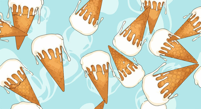 Pattern estivo senza cuciture con coni gelato alla vaniglia che si sciolgono dolcemente su uno sfondo azzurro, evocando freschezza e dolcezza.