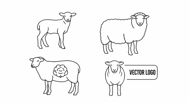 Set di icone vettoriali minimaliste in bianco e nero raffiguranti pecore adulte e agnelli, ideali per loghi e design agricoli.