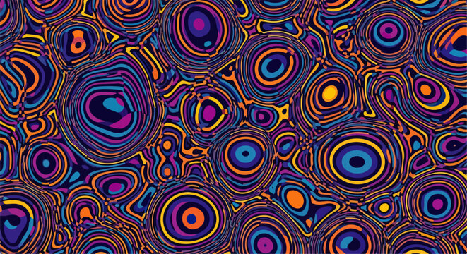 Modello astratto vibrante con cerchi concentrici e forme organiche fluide, creando un'illusione ottica psichedelica e dinamica.