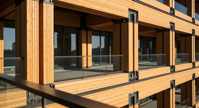 Modern Mass Timber Building Facade with Exposed Glulam Beams and Balconies Showing Sustainable Wood Construction