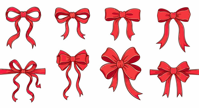 Una collezione vibrante di fiocchi rossi decorativi in stili diversi, perfetti per regali, feste e celebrazioni natalizie.