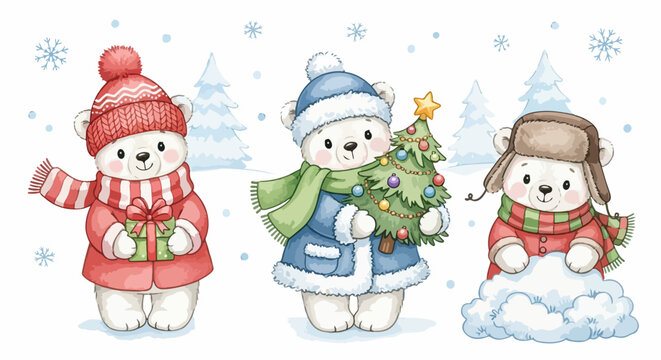Tre adorabili orsi polari in abiti invernali celebrano il Natale con regali, un albero decorato e giochi nella neve.