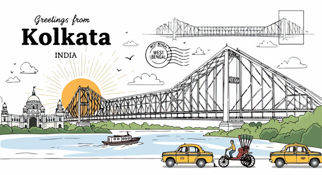 Illustrazione vettoriale dei punti di riferimento iconici di Kolkata, India, con il Ponte Howrah, il Victoria Memorial e i taxi gialli, perfetta per il turismo.