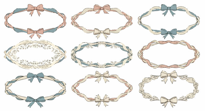 Eleganti cornici ovali vintage con fiocchi e pizzi in colori pastello, perfette per decorazioni e inviti.
