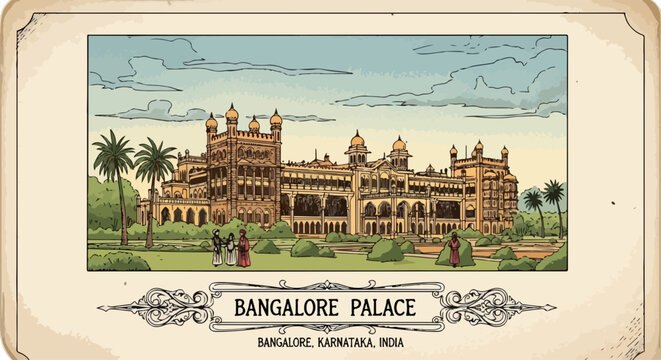 Wytworna ilustracja Pałacu Bangalore w Indiach, przedstawiająca historyczną architekturę i bujne ogrody w stylu vintage.
