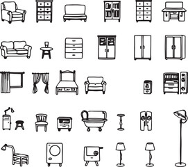 Fototapeta premium A collection of black and white line drawings depicting various household furniture and decor items, including chairs, tables, beds, lamps, and cabinets, arranged in a grid