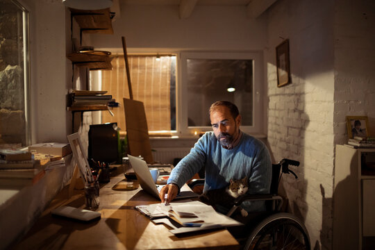 Middle-aged man in wheelchair working at home office with laptop and cat