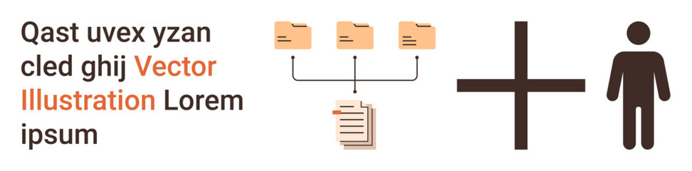Data organization, teamwork, process workflow, document sharing, collaboration, file management. Folder icons linked to documents, plus sign and human figure. Data organization and teamwork concept