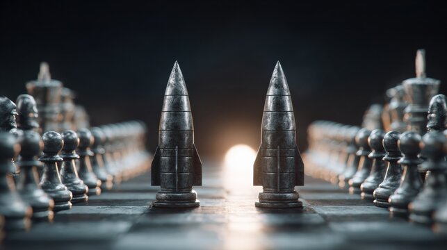 Chessboard With Missile-Shaped Pieces Facing Each Other in Dark Studio Lighting Creates a Metaphor of Brinkmanship