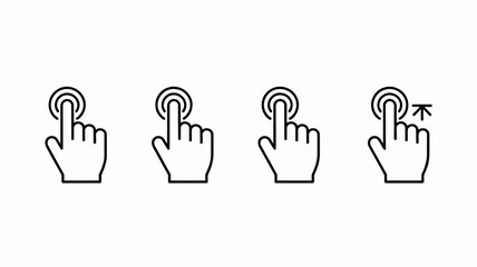 Fototapeta premium A series of four black line art illustrations depicts a human hand pressing a circular button showing different stages of interaction high quality professional detailed modern