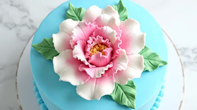 Exquisite blue cake decorated with a large pink and white fondant flower and green leaves for celebration