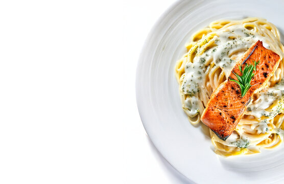 Grilled Salmon with Pasta Spaghetti on Elegant White Plate