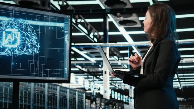 Smiling data center female engineer pleased after upgrading AI systems. Happy server room manager proud after successful artificial intelligence deployment with VFX holographic data overlay, camera A