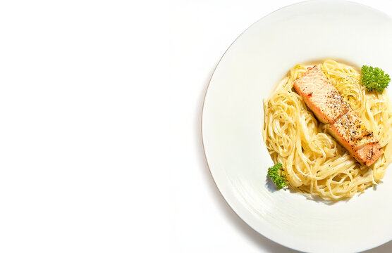 Grilled Salmon with Pasta Spaghetti on Elegant White Plate