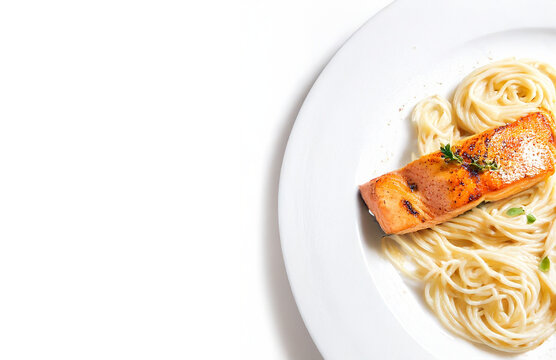 Grilled Salmon with Pasta Spaghetti on Elegant White Plate