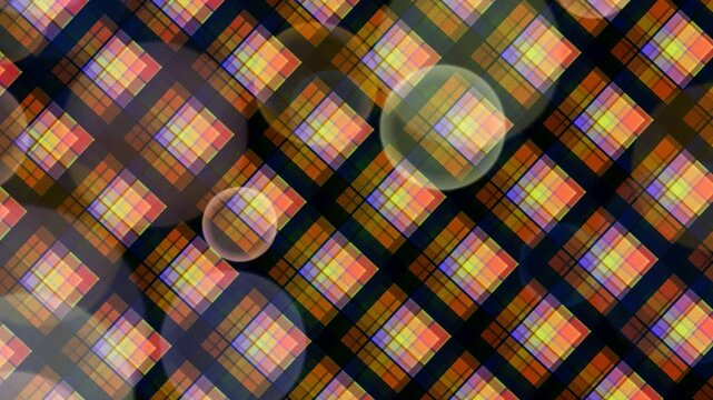 Bubbles floating on a colorful plaid pattern in a mesmerizing abstract scene