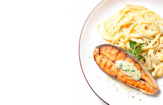 Grilled Salmon with Pasta Spaghetti on Elegant White Plate