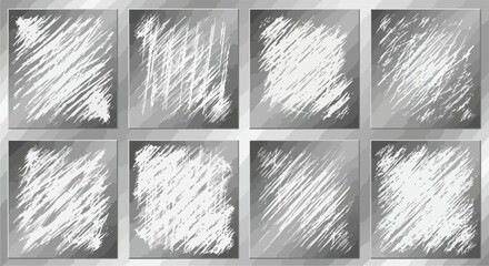 複数の擦り傷と摩耗が特徴的な、灰色と銀色のメタリックなグランジテクスチャ背景素材のベクターセット。デジタルデザインや装飾に最適です。