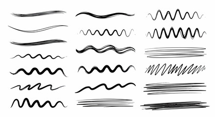 白い背景に描かれた、手書きの波線、ジグザグ線、落書き、下線などの様々なブラシストロークと線画のグラフィック要素のセット。