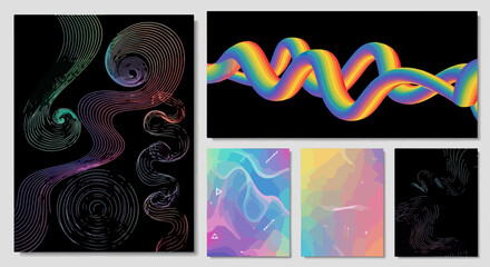 虹色のねじれたチューブや流れるような抽象曲線、ホログラフィックなグラデーション背景を含む、モダンでダイナミックなデザイン要素のコレクション。