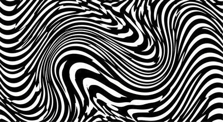 視覚的な錯覚を誘発する白黒の抽象的な渦巻き模様が、ダイナミックでサイケデリックな効果を生み出すモダンなデザイン背景。