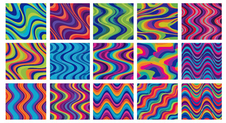 鮮やかな色彩が波打つサイケデリックな抽象パターン素材集、レトロでヒッピーな雰囲気を醸し出すカラフルな背景デザインのコレクションで、多様なウェーブと渦巻き模様が特徴的です。