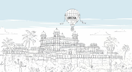 インドの歴史的な宮殿と空に浮かぶ熱気球が描かれた、詳細で美しいラインアートイラスト。旅行や冒険、文化遺産を感じさせる異国情緒豊かな風景が特徴です。